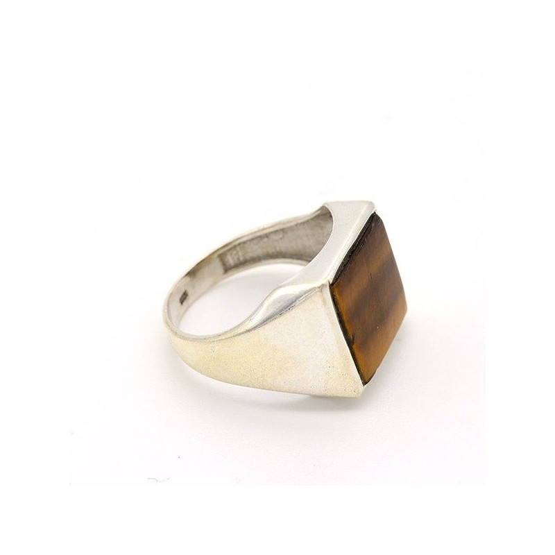 Bague homme chevalière argent et oeil de tigre - Mosaik bijoux indiens