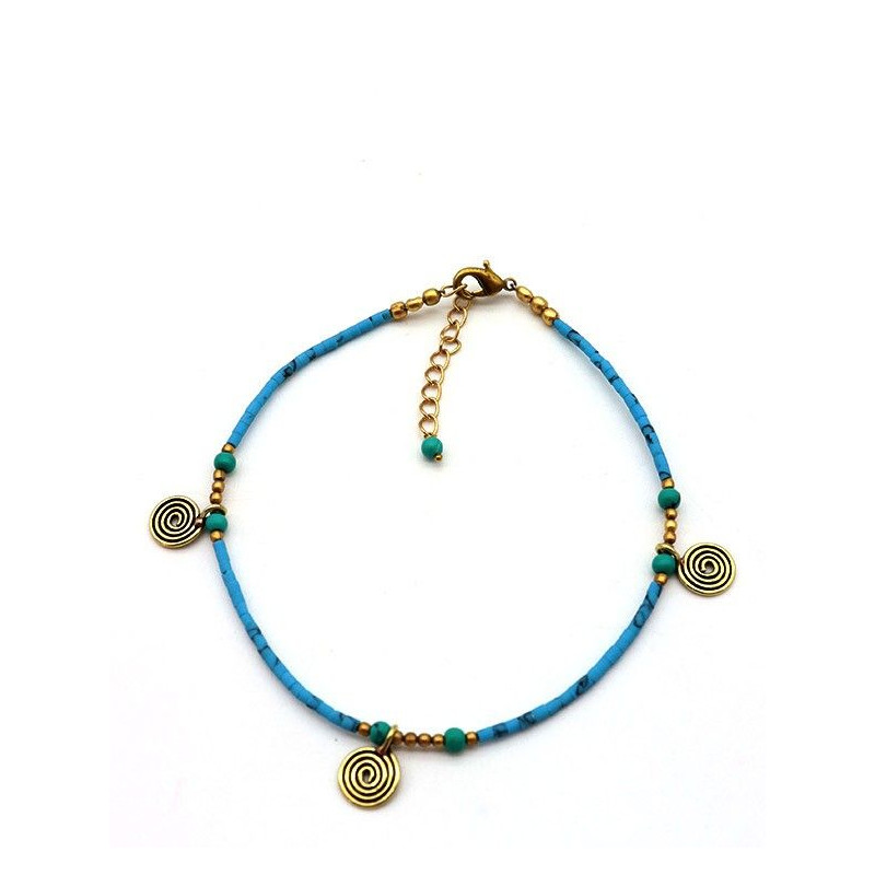 Chaîne de cheville dorée et perles turquoises - Mosaik bijoux indiens