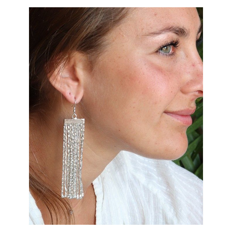 Boucles d'oreilles argentées longues à franges - Mosaik bijoux indiens