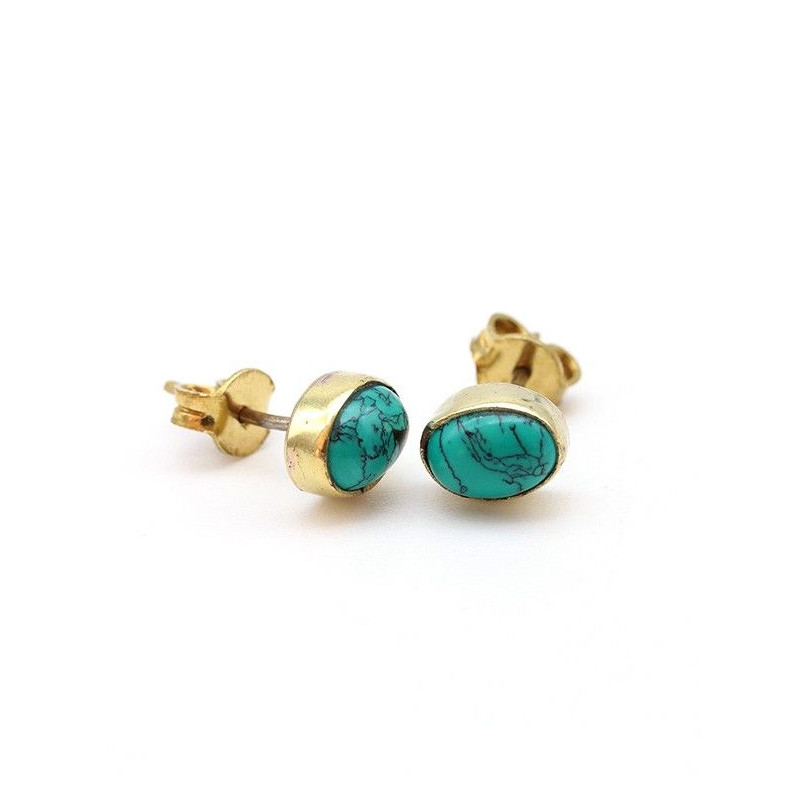 Puces d'oreilles laiton et turquoise ovale - Mosaik bijoux indiens