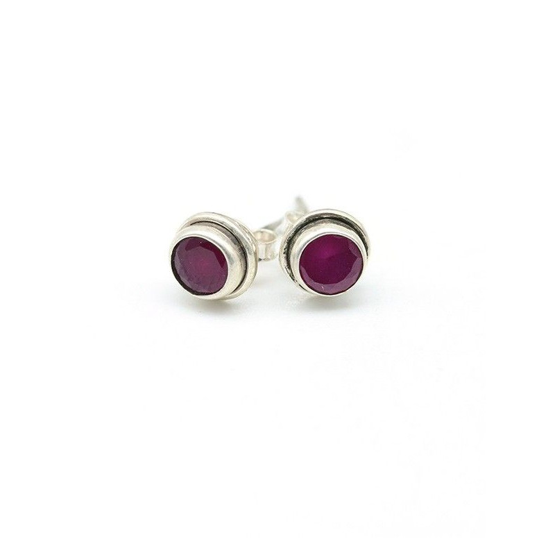 Clous d'oreilles argent ronds et rubis indien Mosaik Bijoux Indiens - 1