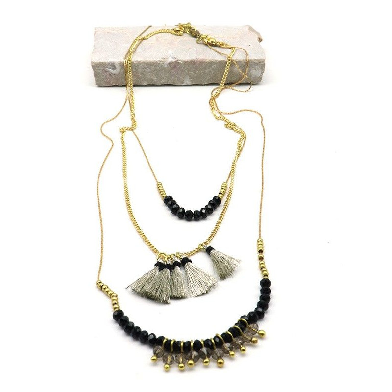 Collier noir et doré 3 rangs pompons - Mosaik bijoux indiens