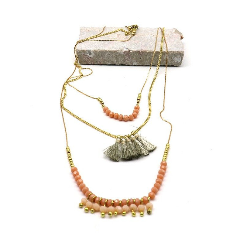 Collier 3 rangs perles et pompons roses - Mosaik bijoux indiens