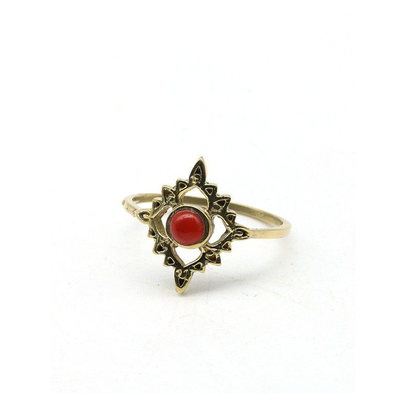 Bague fine laiton et cornaline ronde - Mosaik bijoux indiens