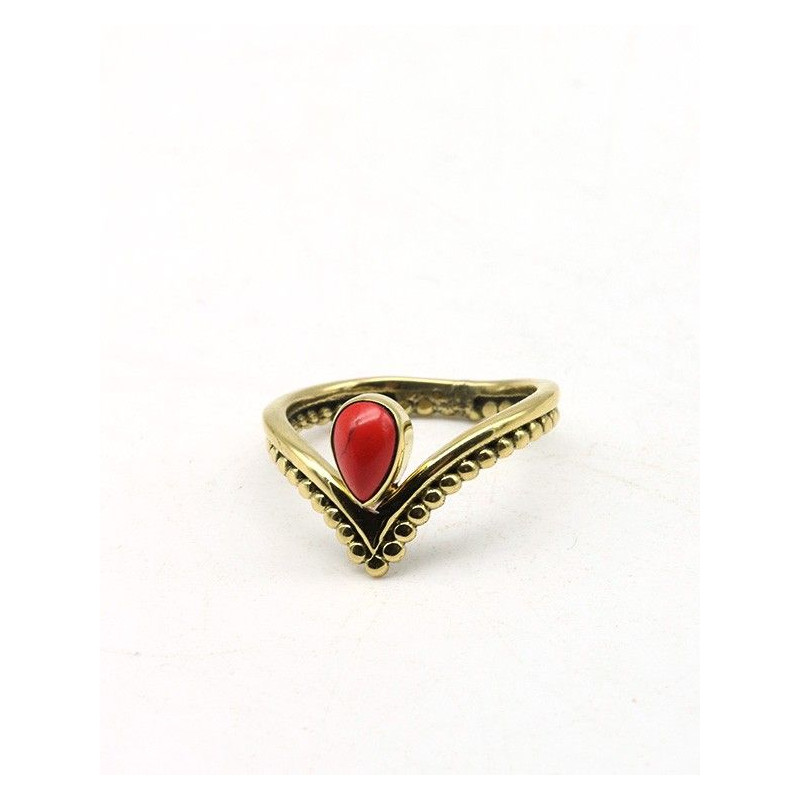 Bague laiton fine couronne et agate rouge - Mosaik bijoux indiens