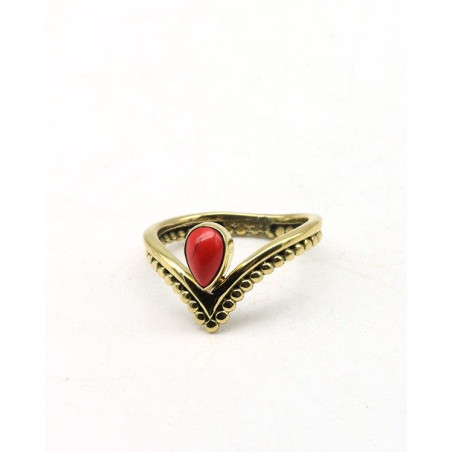 Bague laiton fine couronne et agate rouge - Mosaik bijoux indiens