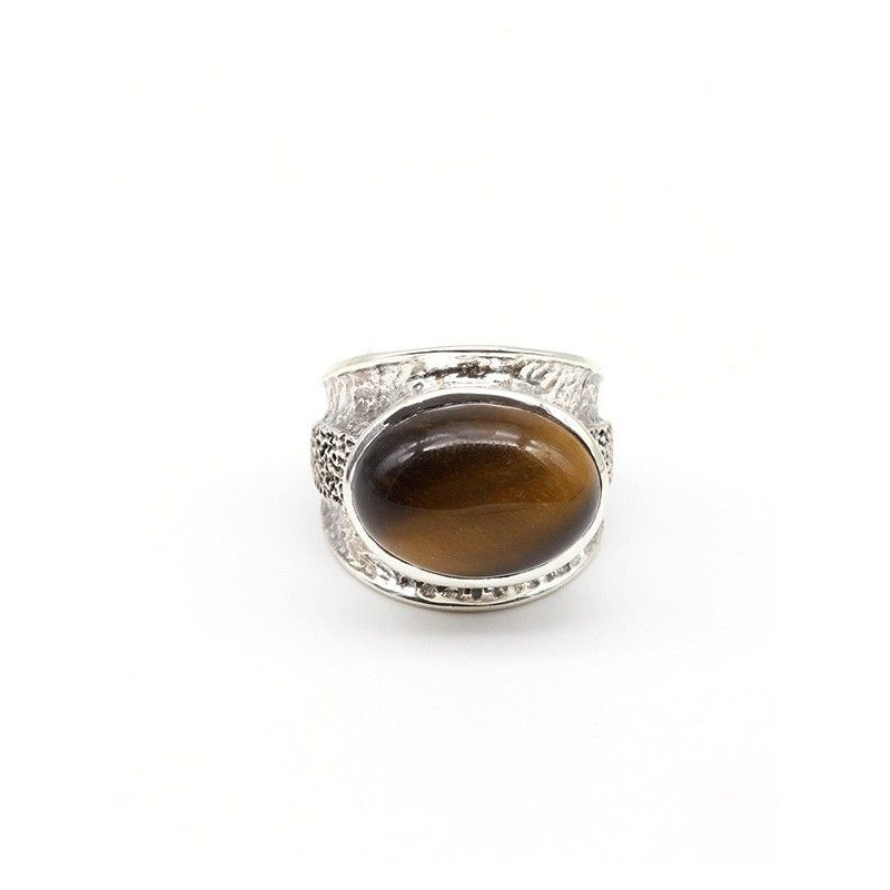 Bague argent épaisse travaillée et oeil de tigre - Mosaik bijoux indiens