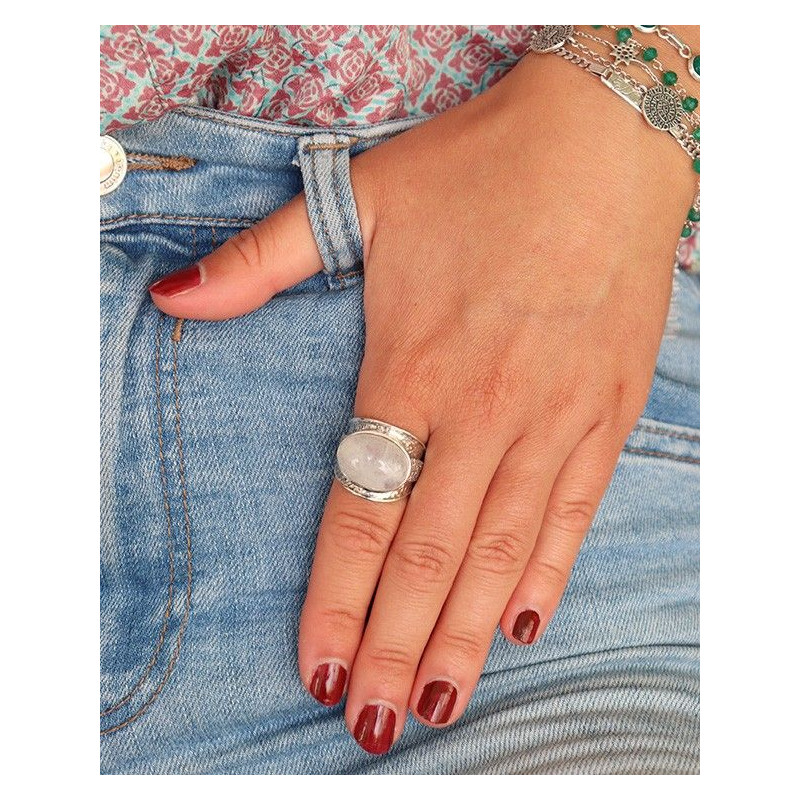 Bague ethnique argent épaisse et pierre de lune - Mosaik bijoux indiens