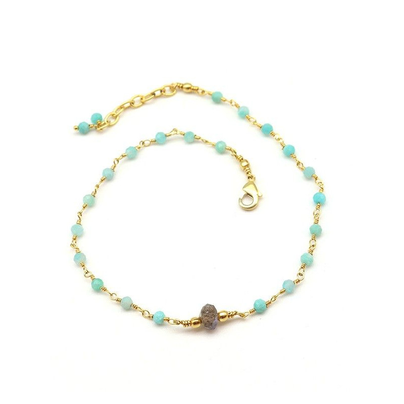 Chaîne de pied laiton labradorite et calcédoine - Mosaik bijoux indiens