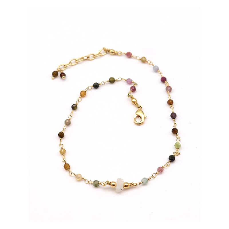 Bracelet de cheville tourmaline et pierre de lune dorée - Mosaik bijoux indiens