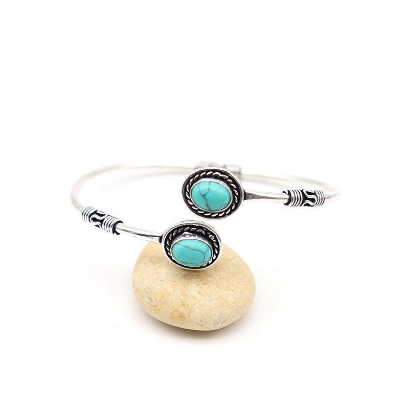 Manchette argentée et 2 turquoises - Mosaik bijoux indiens