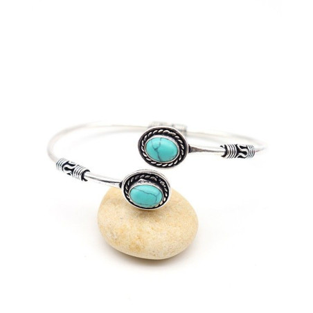 Manchette argentée et 2 turquoises - Mosaik bijoux indiens