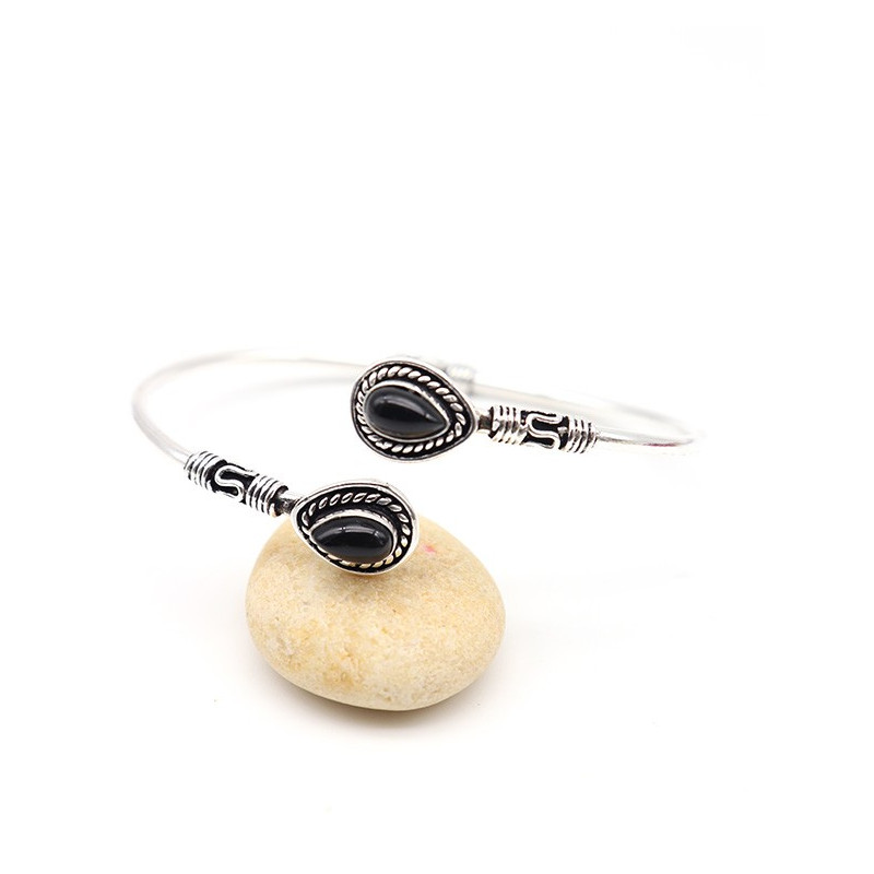 Demi jonc argenté ajustable et onyx noir - Mosaik bijoux indiens