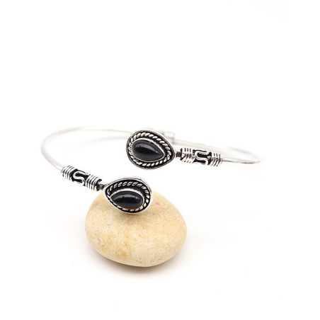 Demi jonc argenté ajustable et onyx noir - Mosaik bijoux indiens