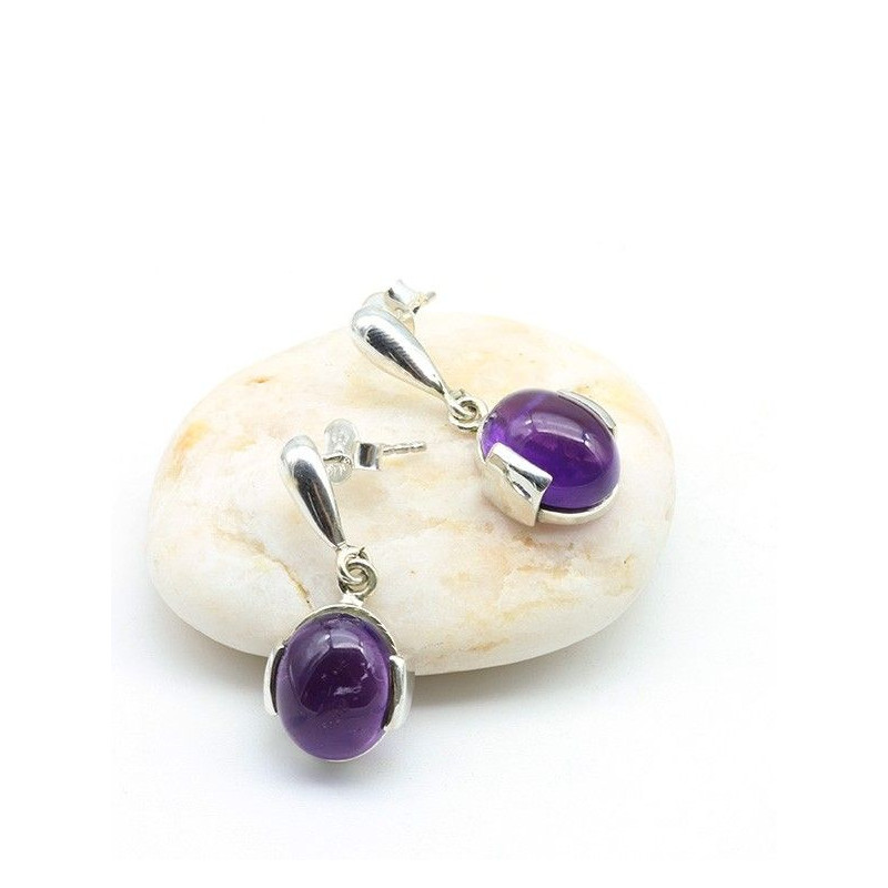 Boucles d'oreilles argent et améthyste ronde - Mosaik bijoux indiens