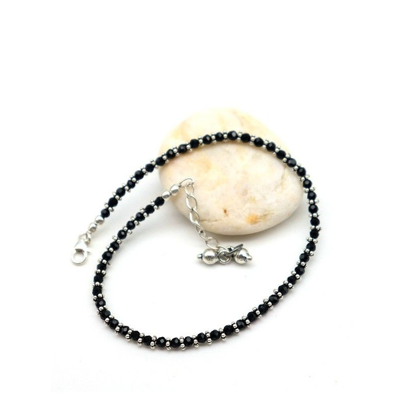 Chaîne de pied argent et pierres noires - Mosaik bijoux indiens