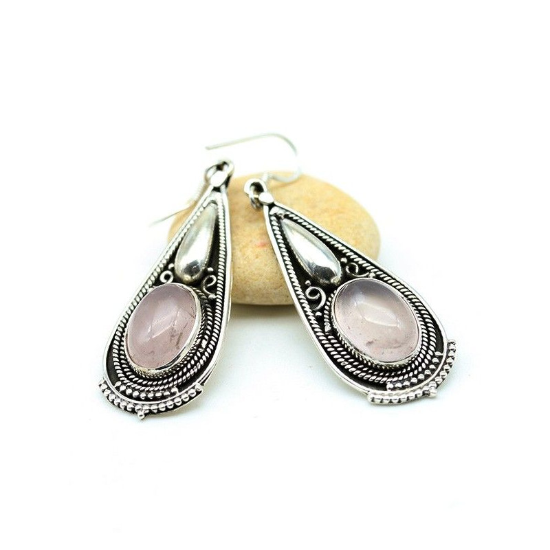Boucles d'oreilles argent travaillées et quartz rose - Mosaik bijoux indiens Boucles d'oreilles argent travaillées et quartz rose - Mosaik bijoux indiens
