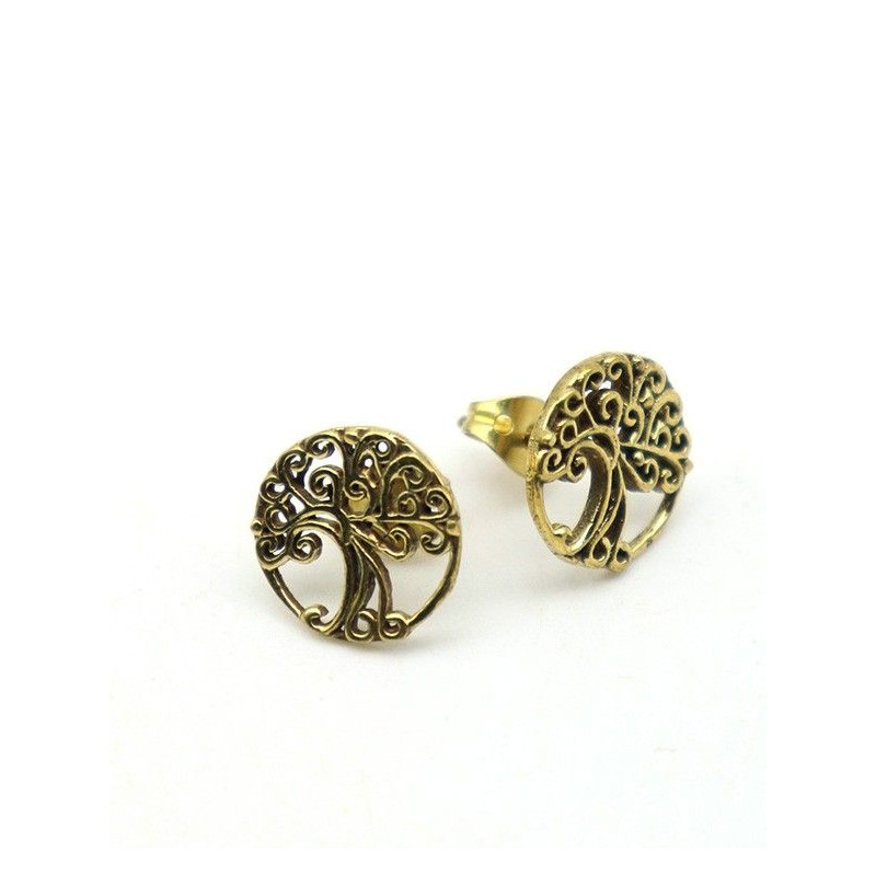 Puces d'oreilles arbre de vie dorées - Mosaik bijoux indiens Puces d'oreilles arbre de vie dorées - Mosaik bijoux indiens