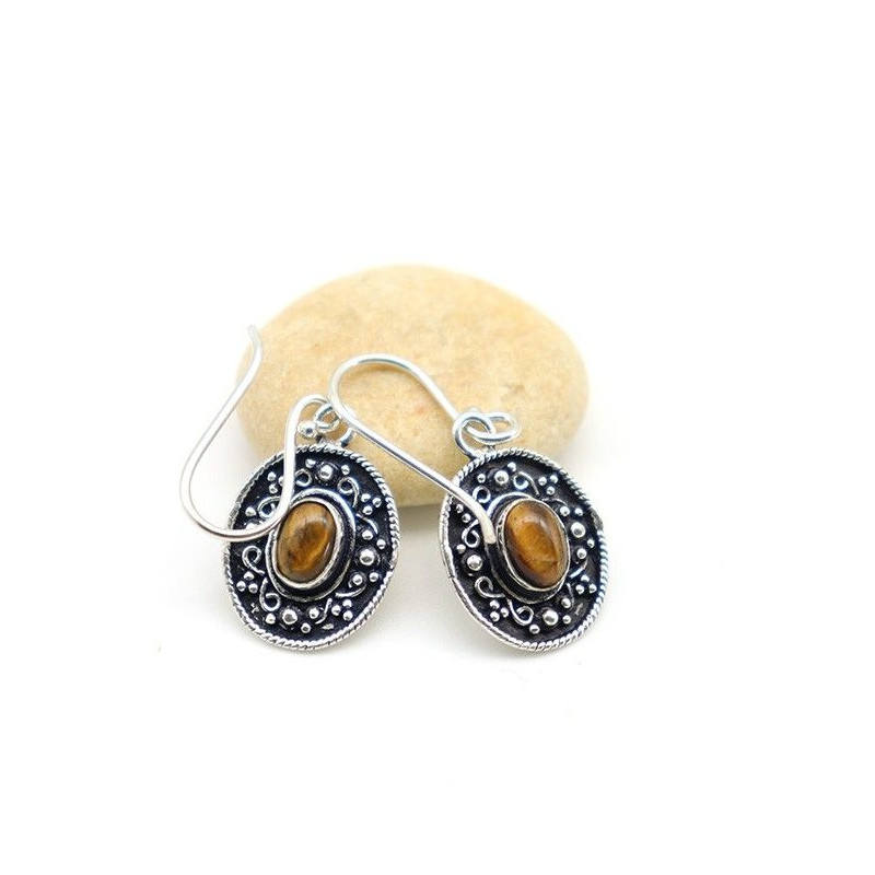 Boucle d'oreille ethnique et oeil de tigre - Mosaik bijoux indiens