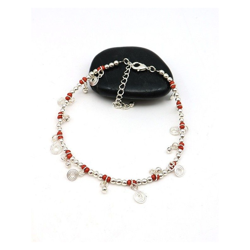 Chaine cheville rouge argentée - Mosaik bijoux indiens