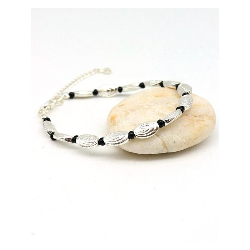 Bracelet argenté perle noire - Mosaik bijoux indiens