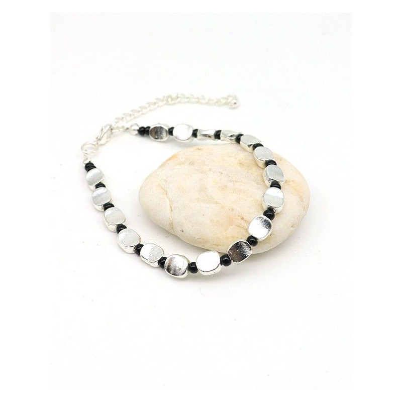 Bracelet argenté fantaisie perle noire - Mosaik bijoux indiens