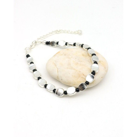 Bracelet argenté fantaisie perle noire - Mosaik bijoux indiens