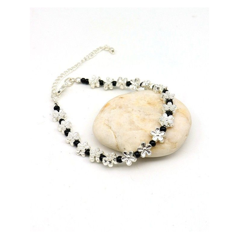 Bracelet perles fleurs et noires - Mosaik bijoux indiens