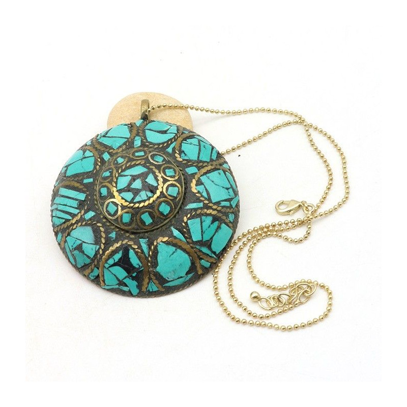 Pendentif bohème turquoise et doré - Mosaik bijoux indiens Pendentif bohème turquoise et doré - Mosaik bijoux indiens