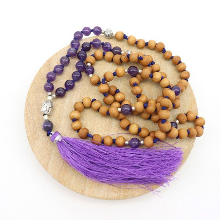 mala bois et pierres violettes - Mosaik bijoux indiens