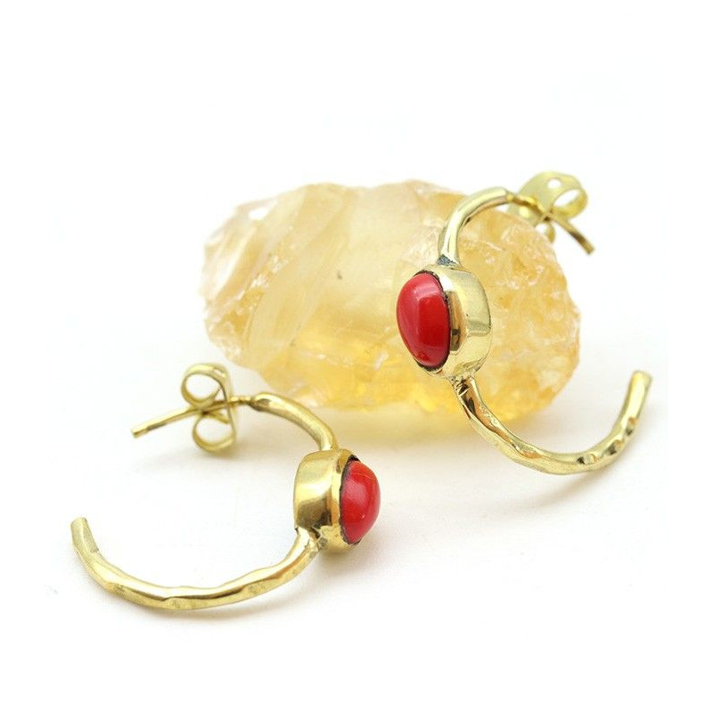 Créoles laiton et agate rouge - Mosaik bijoux indiens