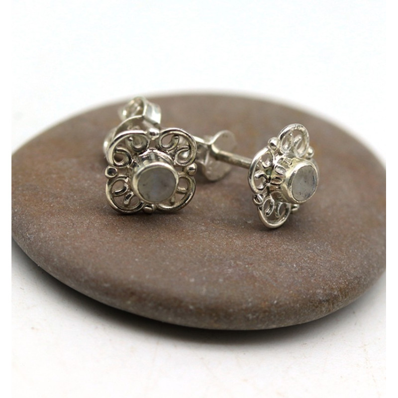 Puce d'oreille argent et pierre de lune - Mosaik bijoux indiens