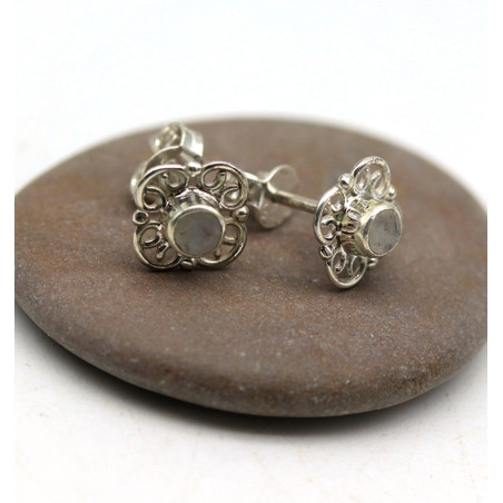 Puce d'oreille argent et pierre de lune - Mosaik bijoux indiens