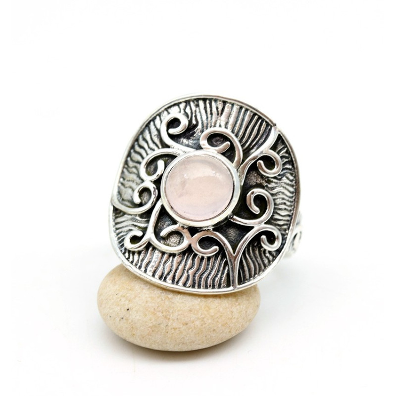 Bague argent ethnique quartz rose - Mosaik bijoux indiens