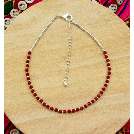 Chaine de cheville argentée et rouge - Mosaik bijoux indiens