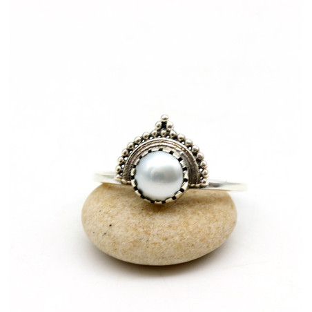 Bague argent perle blanche ronde - Mosaik bijoux indiens