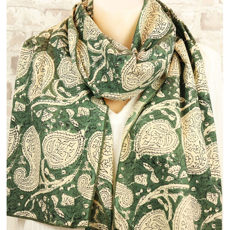 Foulard kaki motifs cachemire - Mosaik bijoux indiens Foulard kaki motifs cachemire - Mosaik bijoux indiens