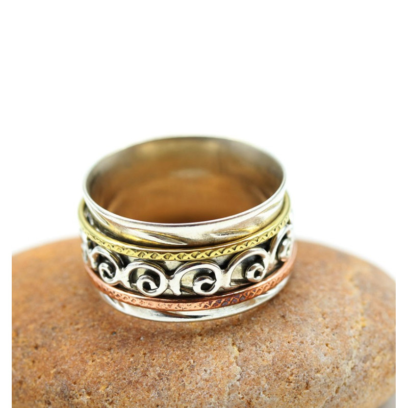 Anneau épais argent, cuivre et laiton - Mosaik bijoux indiens Anneau épais argent, cuivre et laiton - Mosaik bijoux indiens