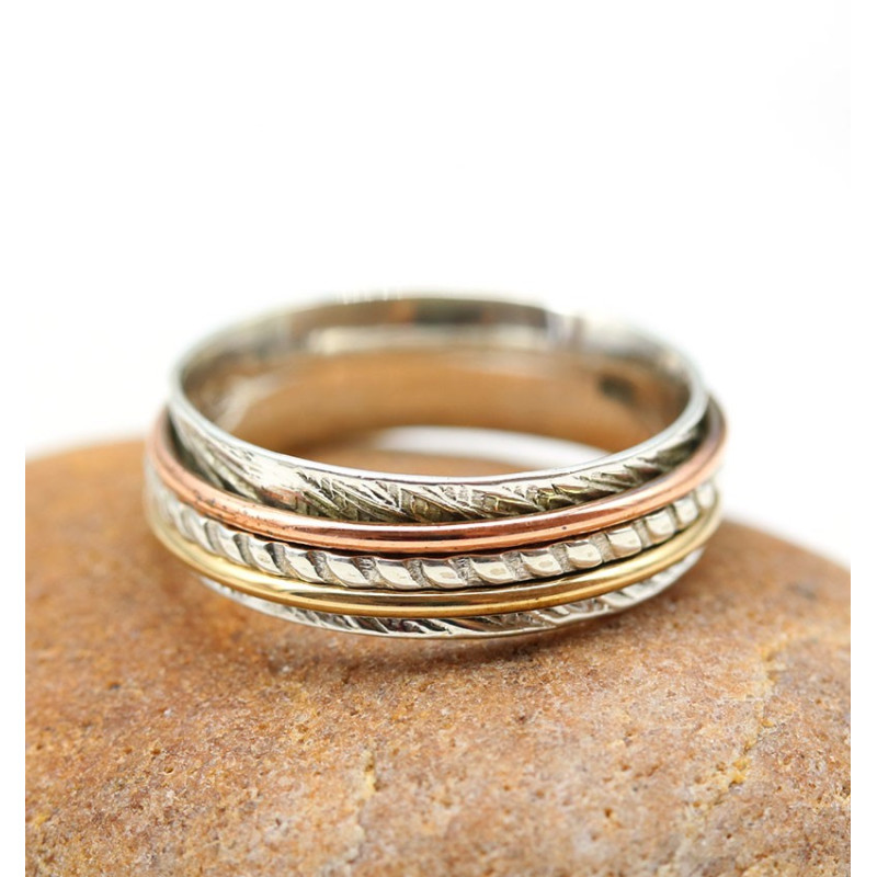 Bague fine anti stress 3 métaux - Mosaik bijoux indiens Bague fine anti stress 3 métaux - Mosaik bijoux indiens
