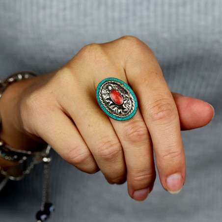 Bague tibétaine corail et turquoise - Mosaik bijoux indiens