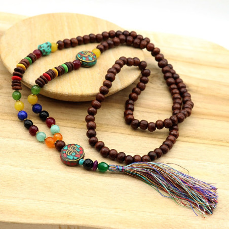 Sautoir perles bois et pompon coloré - Mosaik bijoux indiens