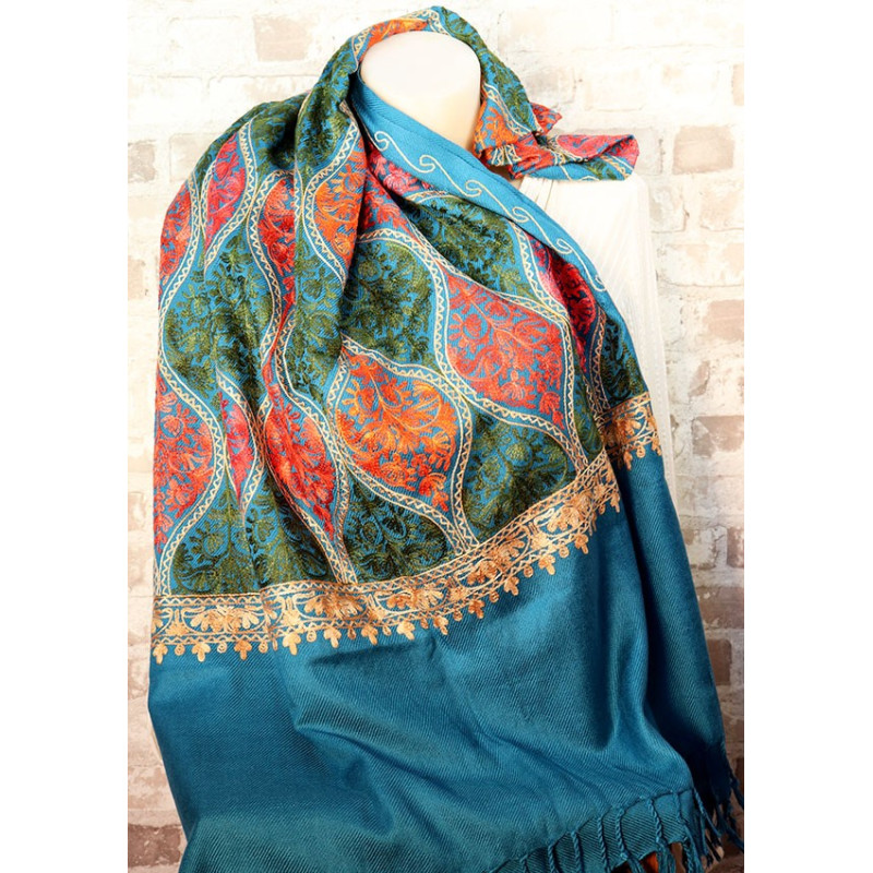 Grande écharpe indienne bleue broderies colorées - Mosaik bijoux indiens Grande écharpe indienne bleue broderies colorées - Mosaik bijoux indiens