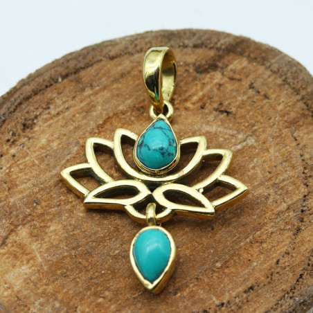 Pendentif lotus doré et turquoise - Mosaik bijoux indiens