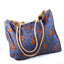 Grand sac indien en tissu et toile de jute - Mosaik bijoux indiens