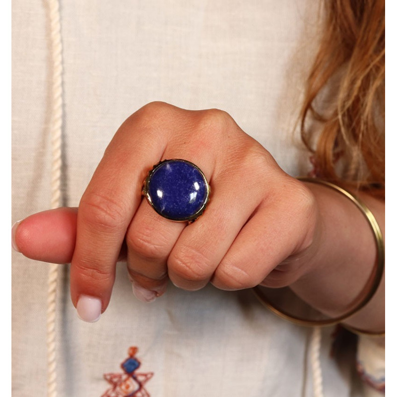 Bague dorée grosse pierre bleue - Mosaik bijoux indiens Bague dorée grosse pierre bleue - Mosaik bijoux indiens