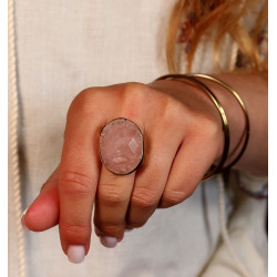 Bague laiton pierre rose -...