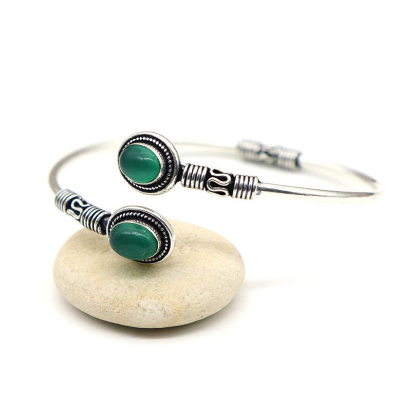 Jonc fin argenté et agate verte - Mosaik bijoux indiens Jonc fin argenté et agate verte - Mosaik bijoux indiens