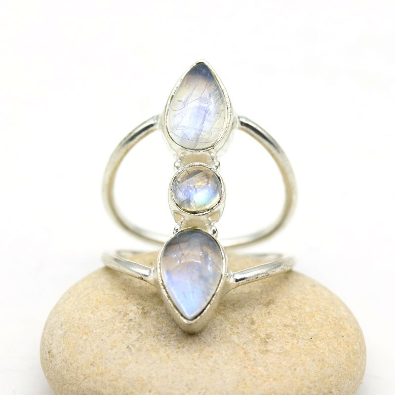 Bague indienne plaqué argent et pierres de lune - Mosaik bijoux indiens