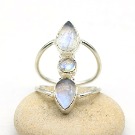Bague indienne plaqué argent et pierres de lune - Mosaik bijoux indiens