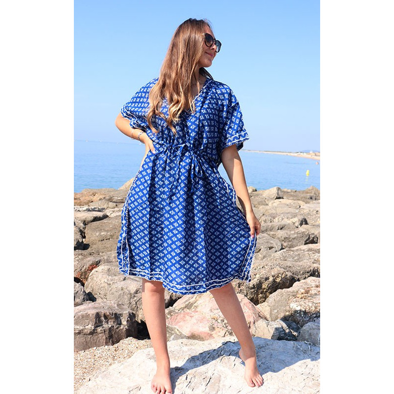 Robe bleue kaftan en coton Mosaik Bijoux Indiens - 1 Robe bleue kaftan en coton Mosaik Bijoux Indiens - 1